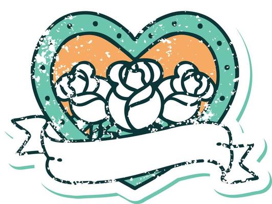 iconic distressed sticker tattoo style image of a heart and banner with flowers