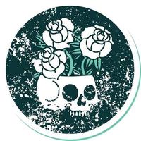 icónica imagen angustiada de estilo tatuaje de una calavera y rosas vector