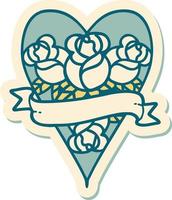 sticker of tattoo in traditional style of a heart and banner with flowers vector