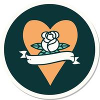 sticker of tattoo in traditional style of a heart rose and banner vector