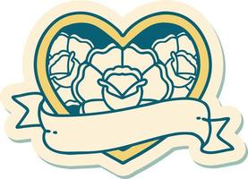 sticker of tattoo in traditional style of a heart and banner with flowers vector