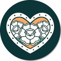 sticker of tattoo in traditional style of a heart and flowers vector