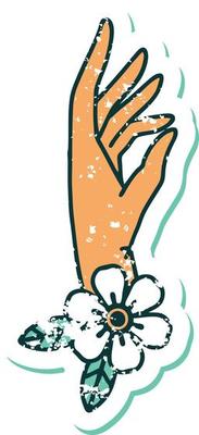 iconic distressed sticker tattoo style image of a hand and flower