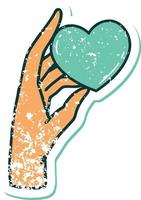 iconic distressed sticker tattoo style image of a hand holding a heart vector