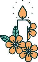 iconic tattoo style image of a candle and flowers vector