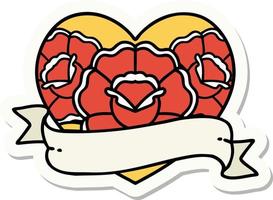 sticker of tattoo in traditional style of a heart and banner with flowers vector