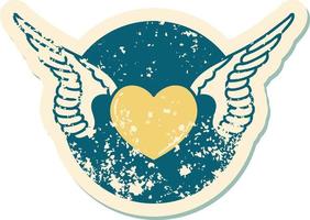 iconic distressed sticker tattoo style image of a heart with wings vector