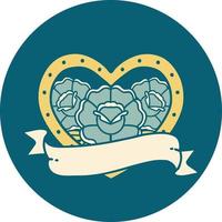 iconic tattoo style image of a heart and banner with flowers vector