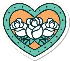 sticker of tattoo in traditional style of a heart and flowers vector