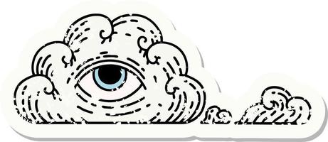 distressed sticker tattoo in traditional style of an all seeing eye cloud vector