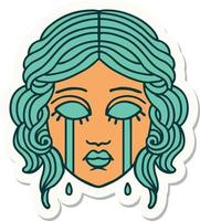 sticker of tattoo in traditional style of female face crying vector