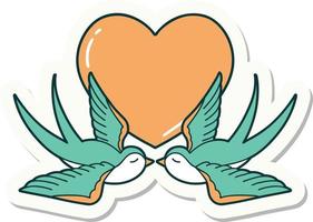 sticker of tattoo in traditional style of swallows and a heart vector