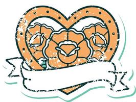 iconic distressed sticker tattoo style image of a heart and banner with flowers vector