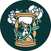 imagen icónica de estilo tatuaje de un reloj de arena y flores vector