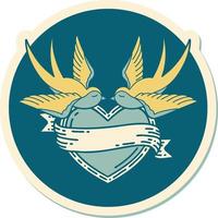 sticker of tattoo in traditional style of swallows and a heart with banner vector