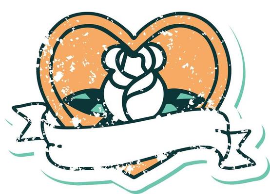 iconic distressed sticker tattoo style image of a heart rose and banner