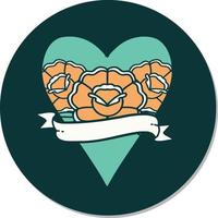 sticker of tattoo in traditional style of a heart and banner with flowers vector