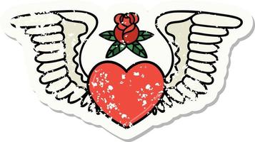 distressed sticker tattoo in traditional style of a heart with wings vector