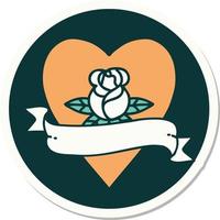 sticker of tattoo in traditional style of a heart rose and banner vector