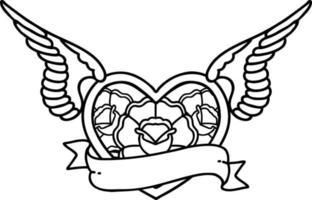 tattoo in black line style of a flying heart with flowers and banner vector