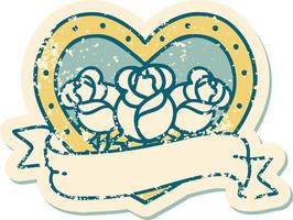 iconic distressed sticker tattoo style image of a heart and banner with flowers vector