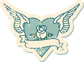 iconic distressed sticker tattoo style image of heart with wings a rose and banner vector