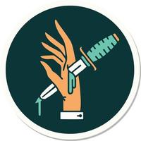 sticker of tattoo in traditional style of a dagger in the hand vector