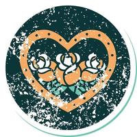 iconic distressed sticker tattoo style image of a heart and flowers vector