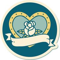 sticker of tattoo in traditional style of a heart rose and banner vector