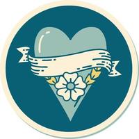 sticker of tattoo in traditional style of a heart flower and banner vector