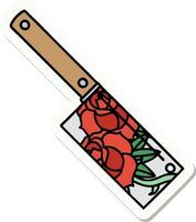 sticker of tattoo in traditional style of a cleaver and flowers vector