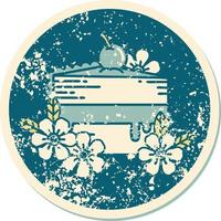 iconic distressed sticker tattoo style image of a slice of cake and flowers vector