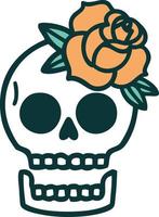 imagen icónica de estilo tatuaje de una calavera y una rosa vector