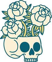 imagen icónica de estilo tatuaje de una calavera y rosas vector