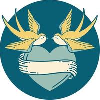 iconic tattoo style image of swallows and a heart with banner vector