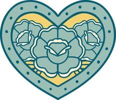 iconic tattoo style image of a heart and flowers vector