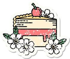 distressed sticker tattoo in traditional style of a slice of cake and flowers vector