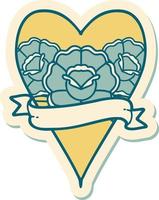 sticker of tattoo in traditional style of a heart and banner with flowers vector