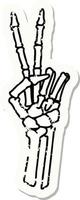 distressed sticker tattoo in traditional style of a skeleton giving a peace sign vector