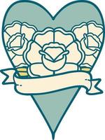 iconic tattoo style image of a heart and banner with flowers vector