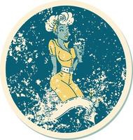 distressed sticker tattoo in traditional style of a pinup girl drinking a milkshake with banner vector