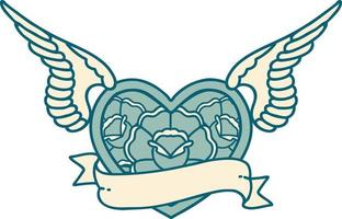 iconic tattoo style image of a flying heart with flowers and banner vector