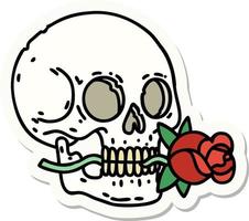 pegatina de tatuaje al estilo tradicional de una calavera y una rosa vector