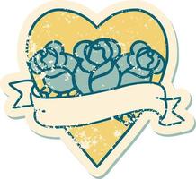 iconic distressed sticker tattoo style image of a heart and banner with flowers vector