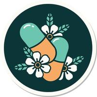 sticker of tattoo in traditional style of pills and flowers vector