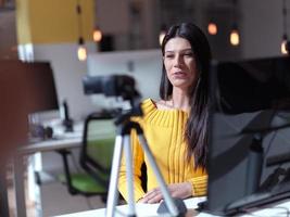 business woman have online meeting in modern open space coworking office photo