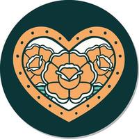 sticker of tattoo in traditional style of a heart and flowers vector