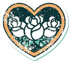 iconic distressed sticker tattoo style image of a heart and flowers vector