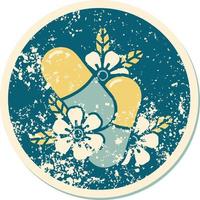 iconic distressed sticker tattoo style image of pills and flowers vector