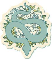 sticker of tattoo in traditional style of snake and roses vector